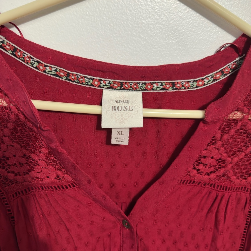 Knox Rose Deep Red Blouse with Lace Accents - Picture 4 of 5